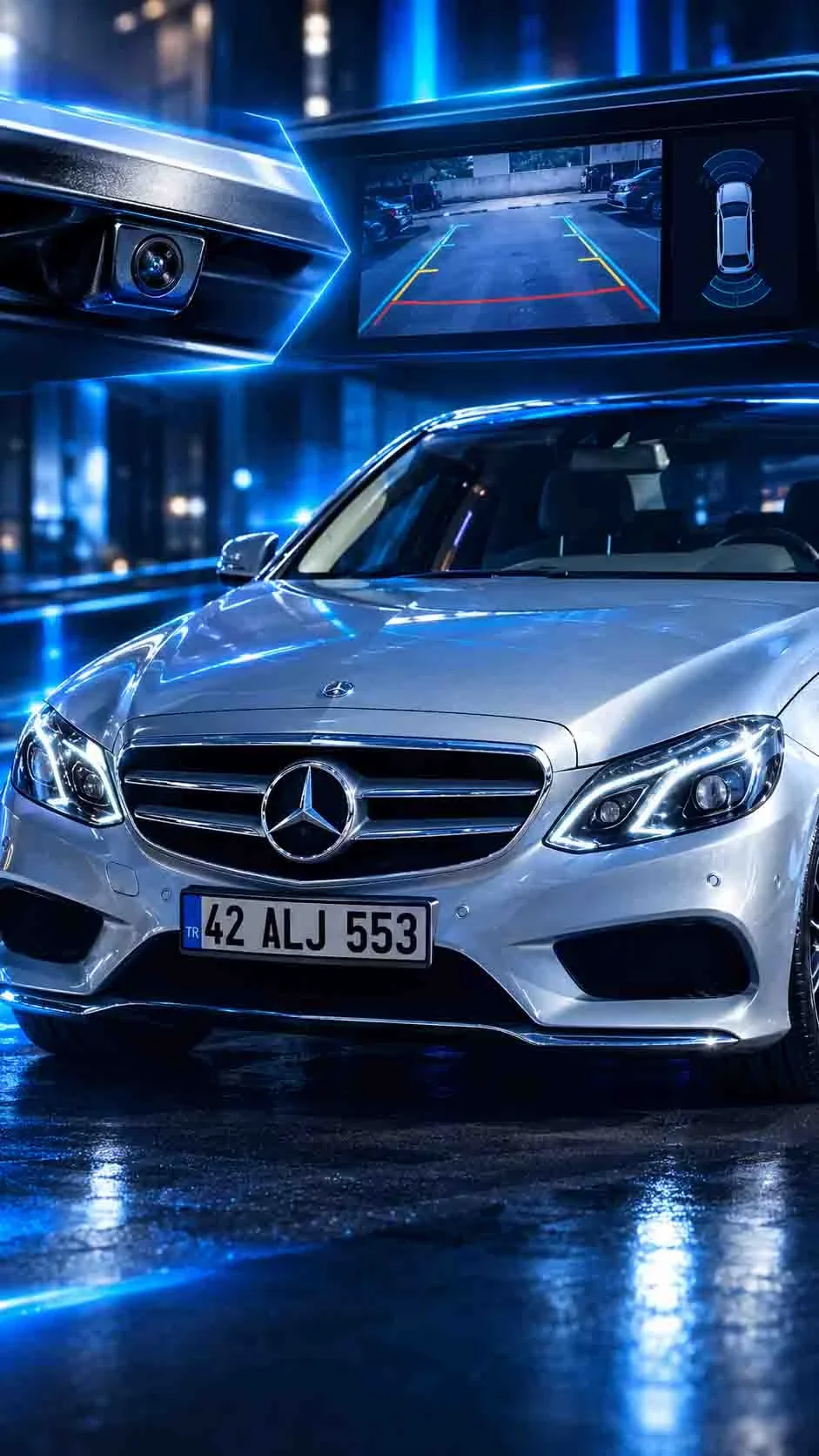 Mercedes-Benz E Serisi (2015) Orijinal Sistemimize İnterface ile Ön ve Geri Görüş Kamerası Montajı